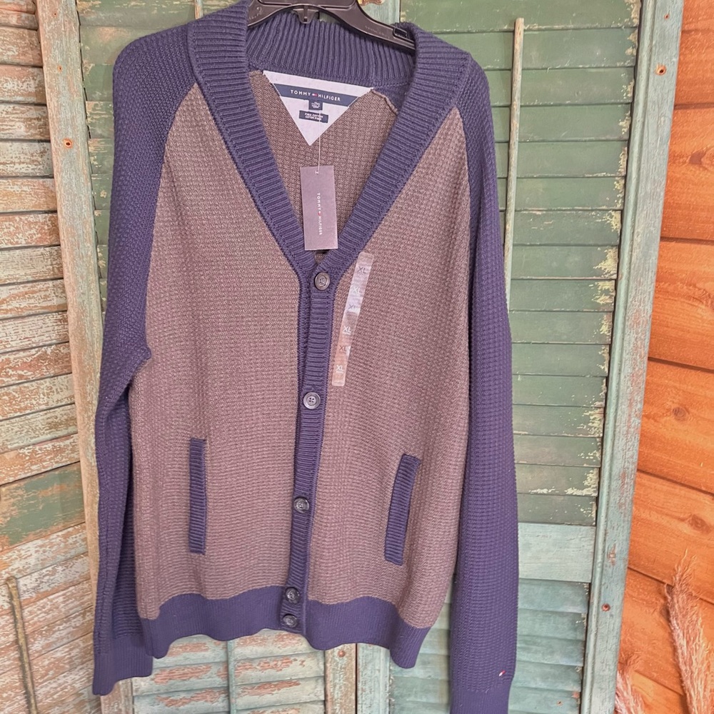 Tommy Hilfiger cardigan sweater blue gray NWT XL cotton
